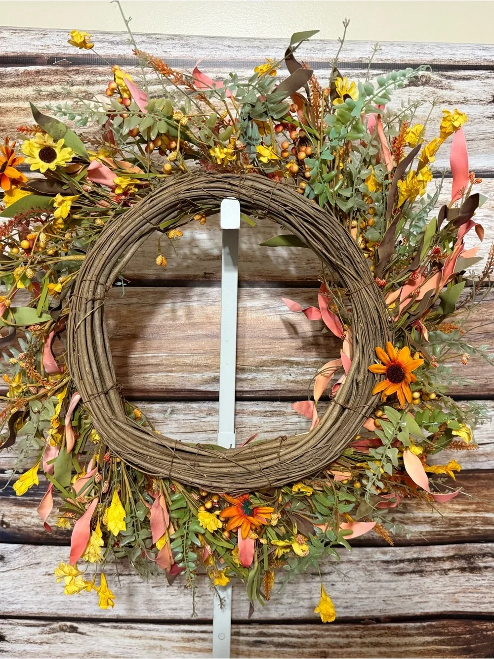 Autumn Flower & Berry Faux Floral Wreath - Yellow Orange & Pink